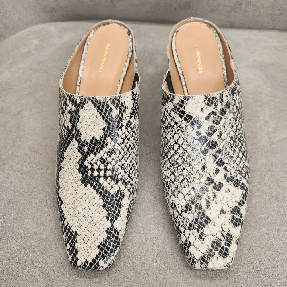 Bruno Magli Heeled Mules 7.5 Grey Snake Print Leather Fran Made Italy New $375